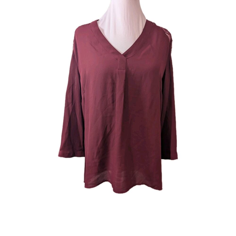 41 Hawthorn Shirt Burgundy V-Neck Top Elastic Waist Lace Arms Women's Size Large